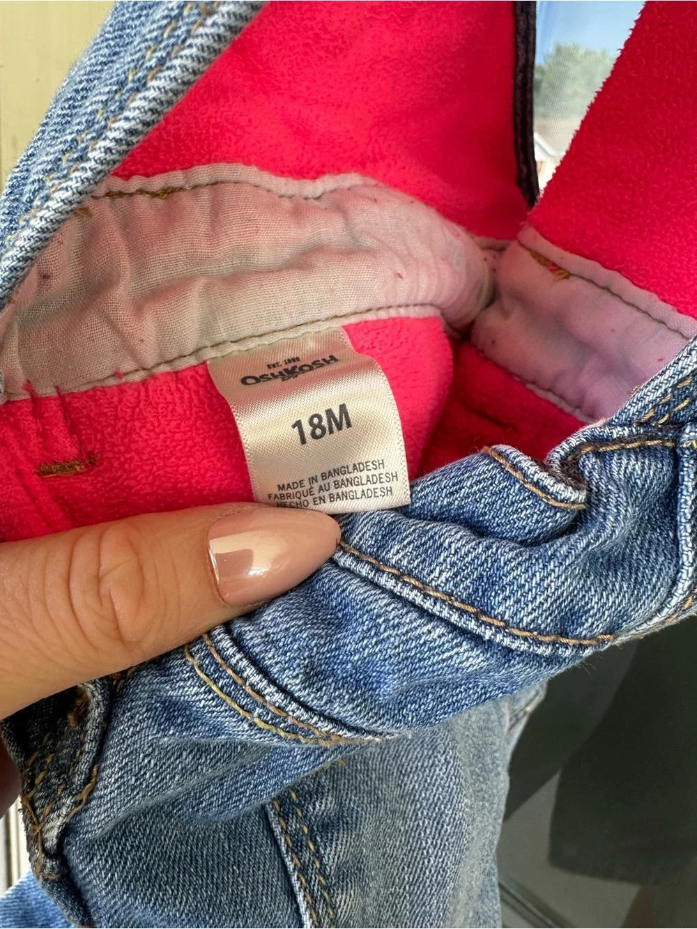 OshKosh B'gosh Blue Denim Overalls with Bright Pink fleece Lining 18M
